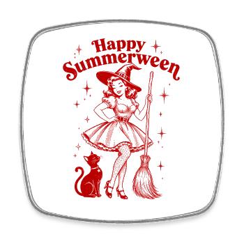 Happy Summerween Pin Up Hexenbesen Schwarze Katze - Viereckiger Kühlschrankmagnet - Weiß - Vorne