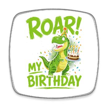 Roaring Today Is My Birthday T-Rex Dino Cake - Square fridge magnet - white - Front