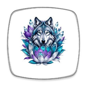 Crystal Wolf in Lotus Wreath - Square fridge magnet - white - Front