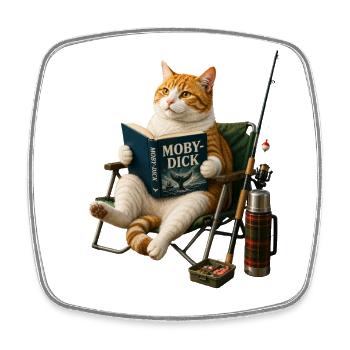 Cat Reading Moby-Dick and Fishing - Square fridge magnet - white - Front