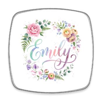 Imprimé du nom d’Emily en couronne florale - Magnet carré - blanc - Devant
