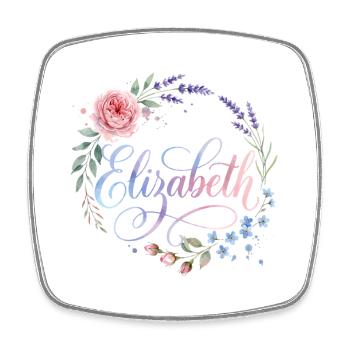 Lettrage en cercle fleuri Elizabeth - Magnet carré - blanc - Devant