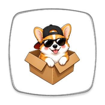 Corgi dans une boîte : lunettes de soleil et casquette - Magnet carré - blanc - Devant