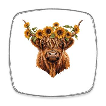 Vache des Highlands en couronne de tournesol - Magnet carré - blanc - Devant