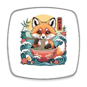 Cute Fox Eating Ramen Bowl Japanese Waves - Square fridge magnet - white - Front