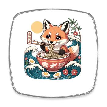 Cute Fox Eating Ramen Bowl Kawaii Kanji Waves - Square fridge magnet - white - Front