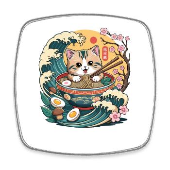 Süße Katze 電麺 Ramen-Bowl Wellen Sakura Sonnenuntergang - Viereckiger Kühlschrankmagnet - Weiß - Vorne