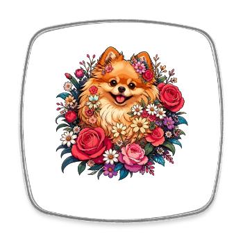 Blütenkranz-Pom-Pom Hund - Viereckiger Kühlschrankmagnet - Weiß - Vorne