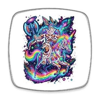 Chevalier néon sur cheval arc-en-ciel dans la licorne spatiale - Magnet carré - blanc - Devant