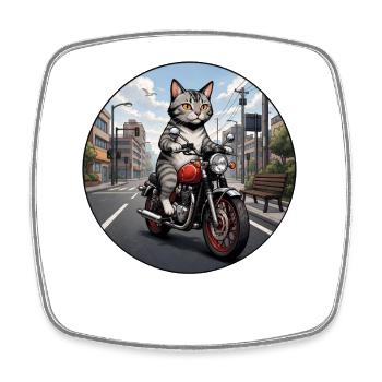 Chat noir roulant sur la moto rouge - Magnet carré - blanc - Devant