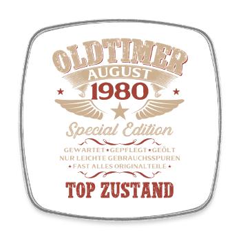 46. Geburtstag Geschenk Mann Oldtimer 1980 August - Viereckiger Kühlschrankmagnet - Weiß - Vorne