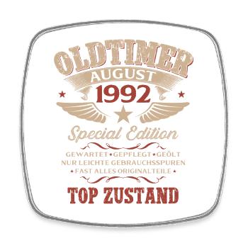 34. Geburtstag Geschenk Mann Oldtimer 1992 August - Viereckiger Kühlschrankmagnet - Weiß - Vorne
