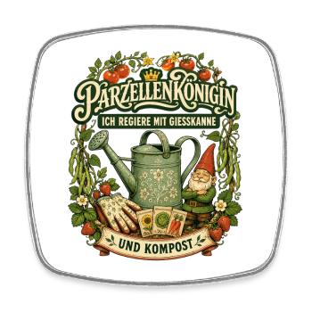 Parzellenkönigin mit Gießkanne und Kompost - Viereckiger Kühlschrankmagnet - Weiß - Vorne