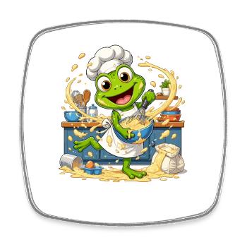 Küchenfrosch Chef: Pfannensplash - Viereckiger Kühlschrankmagnet - Weiß - Vorne