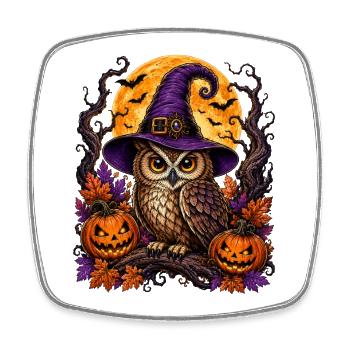 Owl with witch hat and pumpkin for Halloween - Square fridge magnet - white - Front
