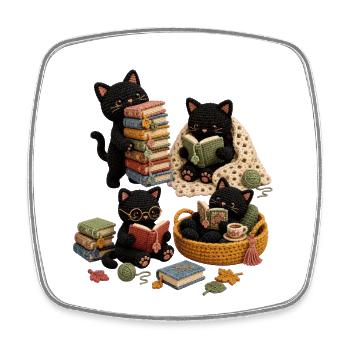 Funny black cat reading - Square fridge magnet - white - Front