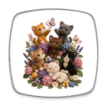 Des chats au crochet dans un jardin floral - Magnet carré - blanc - Devant