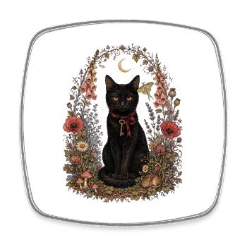 Black Cat in Floral  - Square fridge magnet - white - Front