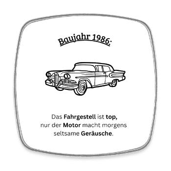 40. Geburtstag 1986 - Fahrgestell & Motor - Viereckiger Kühlschrankmagnet - Weiß - Vorne