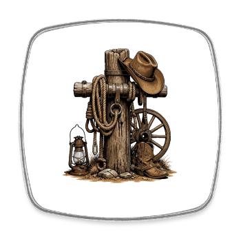 Western Rustic Post, Lasso and Hat - Square fridge magnet - white - Front