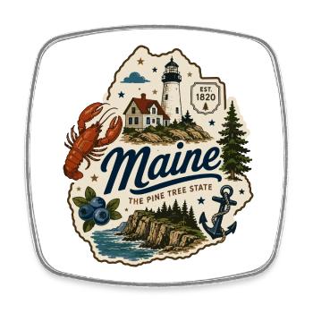 Maine Pine Tree State Vintage Küstenaufkleber - Viereckiger Kühlschrankmagnet - Weiß - Vorne