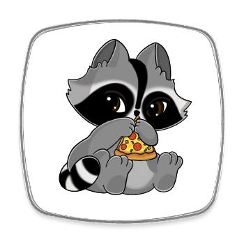 Snuggles the raccoon eats a slice of pizza - Square fridge magnet - white - Front
