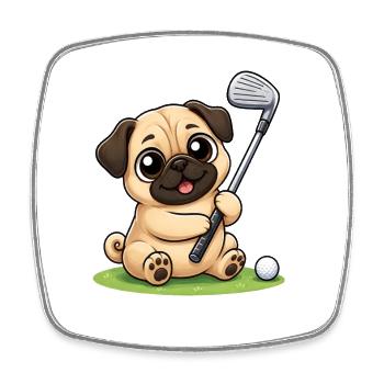 Cute Pug Golfer Cartoon - Square fridge magnet - white - Front