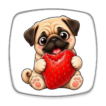 Süßer Mops im Sommer mit Erdbeeren Cartoon - Viereckiger Kühlschrankmagnet - Weiß - Vorne