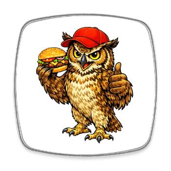 Owl with a hamburger - Square fridge magnet - white - Front