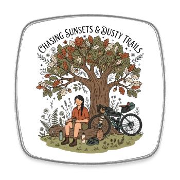 Sonnenuntergänge jagen Weibliche Bikepacking-Kunst - Viereckiger Kühlschrankmagnet - Weiß - Vorne