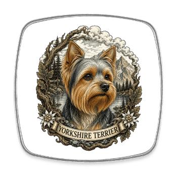 Yorkshire Terrier with Vintage Mountain Landscape - Square fridge magnet - white - Front