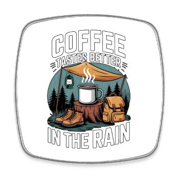 Le café a meilleur goût sous la pluie en camping - Magnet carré - blanc - Devant