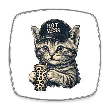 Kitten with Hot Mess Cap - Square fridge magnet - white - Front
