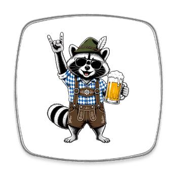 Raccoon in leather pants with beer and skirt salute - Square fridge magnet - white - Front
