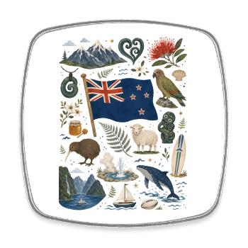 New Zealand | Kiwi, Fjords & Adventure - Square fridge magnet - white - Front