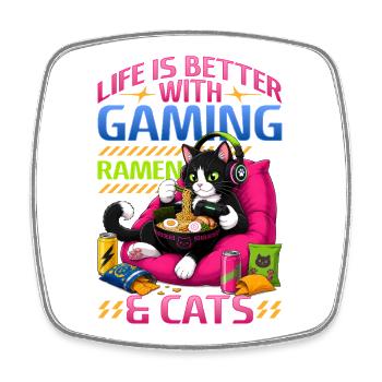 Gamer Gaming Cat Ramen Video Game - Square fridge magnet - white - Front