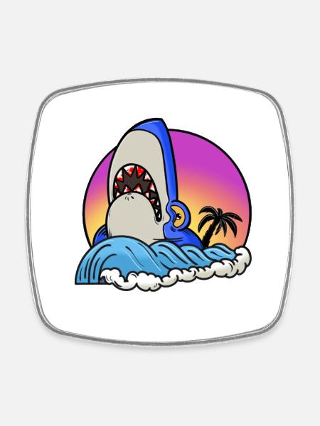 Shark surfer at sunset wave - Square fridge magnet - white