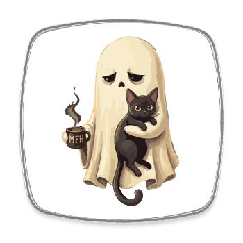 Ghost cat with coffee cup - Square fridge magnet - white - Front