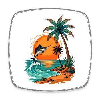 Jumping Fish at Tropical Sunset Palm Sea Beach - Square fridge magnet - white - Front