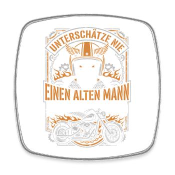 Unterschätze nie einen alten Mann mit Motorrad - Viereckiger Kühlschrankmagnet - Weiß - Vorne