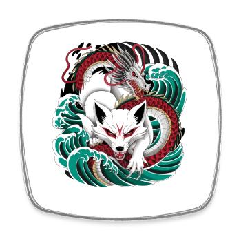 Japanese Kitsune Fox And Dragon In - Square fridge magnet - white - Front