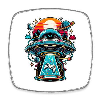 Retro UFO Alien Gaming im Weltraum - Viereckiger Kühlschrankmagnet - Weiß - Vorne