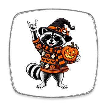 Halloween Waschbär mit Hexenhut & Kürbis - Viereckiger Kühlschrankmagnet - Weiß - Vorne
