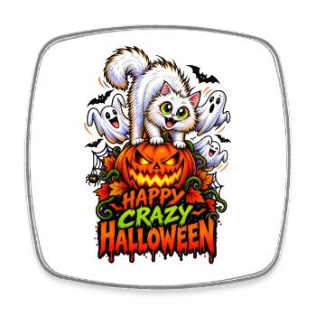 Happy Crazy Halloween Cat – Spooky Pumpkin  - Viereckiger Kühlschrankmagnet - Weiß - Vorne