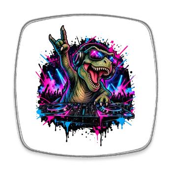 Techno Dinosaurier DJ mit Kopfhörern - Viereckiger Kühlschrankmagnet - Weiß - Vorne
