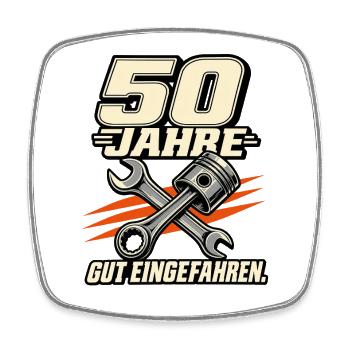 50 Jahre Gut Eingefahren Mechanik - Viereckiger Kühlschrankmagnet - Weiß - Vorne
