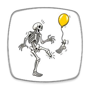 Tja, Scheiße, Skelett, fliegender Fuß, gelber Ballon-Meme - Viereckiger Kühlschrankmagnet - Weiß - Vorne