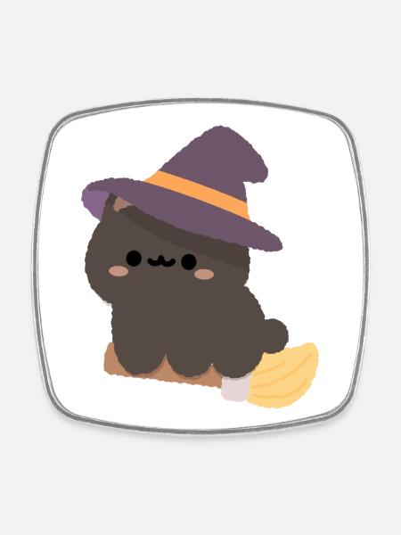 Kawaii-Hexenpudding auf einem Besen - Viereckiger Kühlschrankmagnet - Weiß