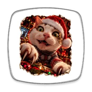 Verrückte Weihnachtskatze – Bescherung mit Krallen - Viereckiger Kühlschrankmagnet - Weiß - Vorne
