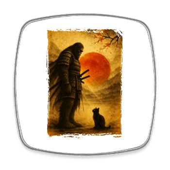 Samurai Bigfoot, Japanisch Grafik, Schwarze Katze - Viereckiger Kühlschrankmagnet - Weiß - Vorne